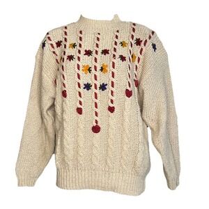 Vtg Embroidered Ribbon Cable‎ Knit Floral Sweater Womens Medium Beige Cranberry